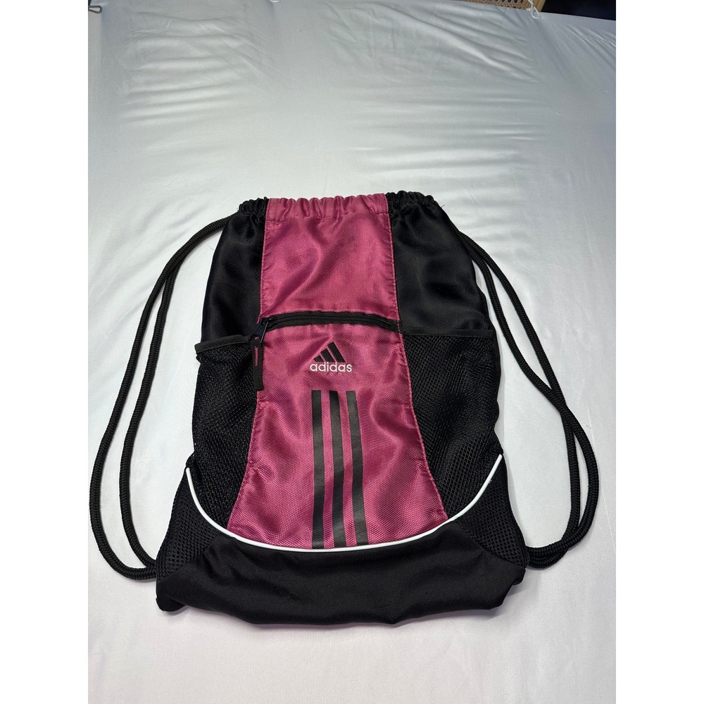 Adidas Drawstring Cinch Sackpack Magenta Black 3-Stripes Gym Bag Mesh Pockets